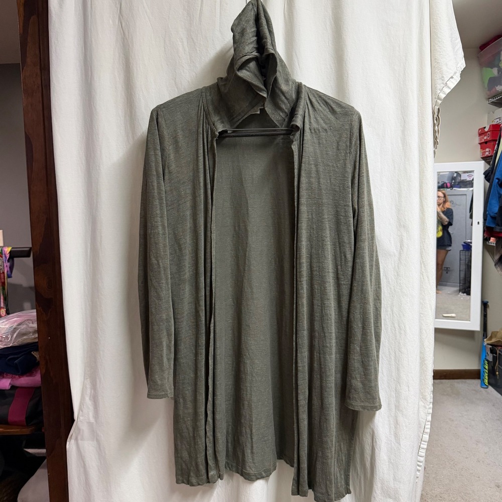 Cynthia Rowley Womens 100% Linen Hooded Open Front Cardigan Olive Green Medium